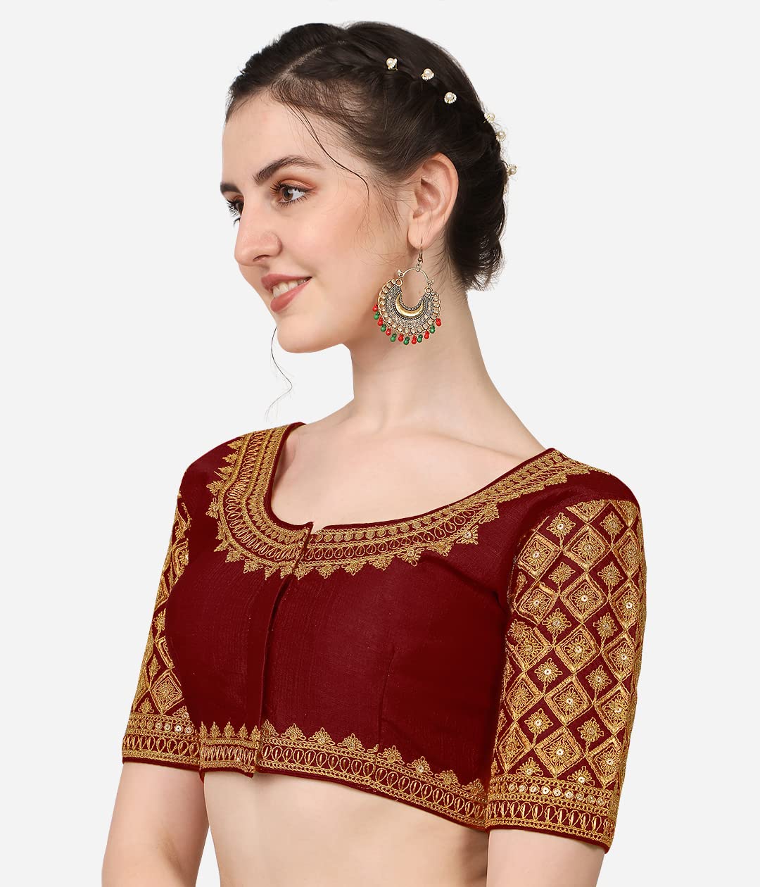 Pujia Mils Women's Silk Flower Embroidery Half Sleeve Blouse (Simba 2_Maroon_38)