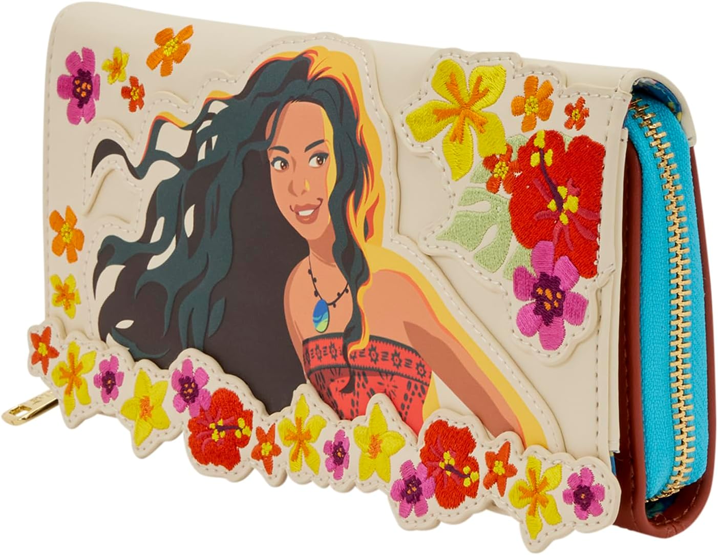 Loungefly Disney: Moana - Embroidered Floral Live Action - Zip Around Wallet with Detachable Wristlet - 6 Cards Slots and Clear ID Slot - Great for Kids & Adults - Collectible Wallets