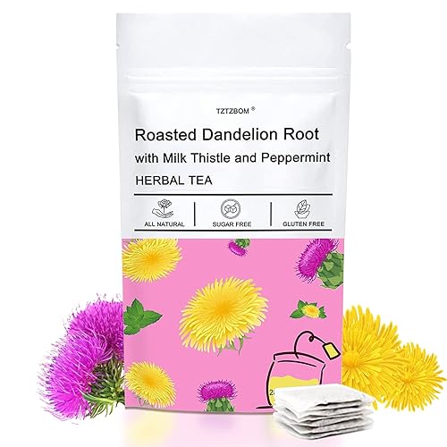 TZTZBOM Raíz de diente de león tostado natural prémium con cardo mariano y menta, té de hierbas para limpieza del hígado, 20 bolsas de té