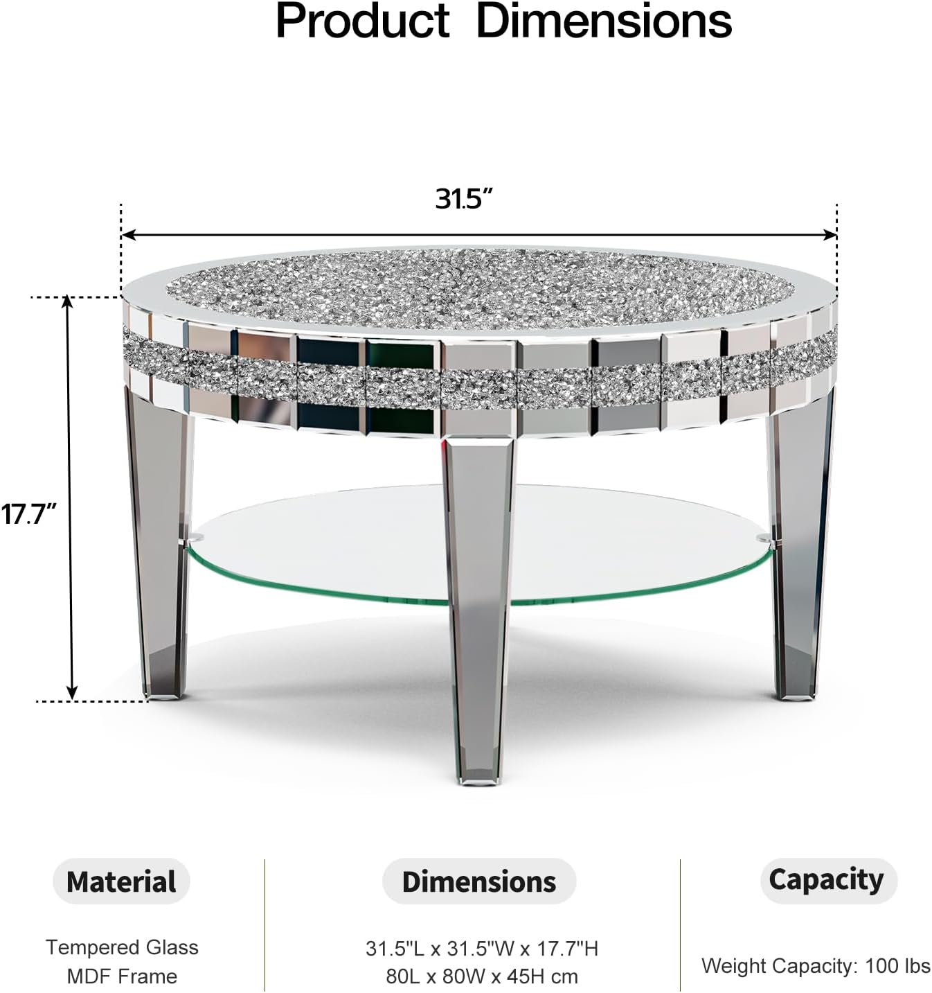 IKIFLY Mirrored Coffee Table 2-Tier with Crushed Diamond, 31.5 Inches Silver Living Room Table, Round Coffee Table with Storage for Office