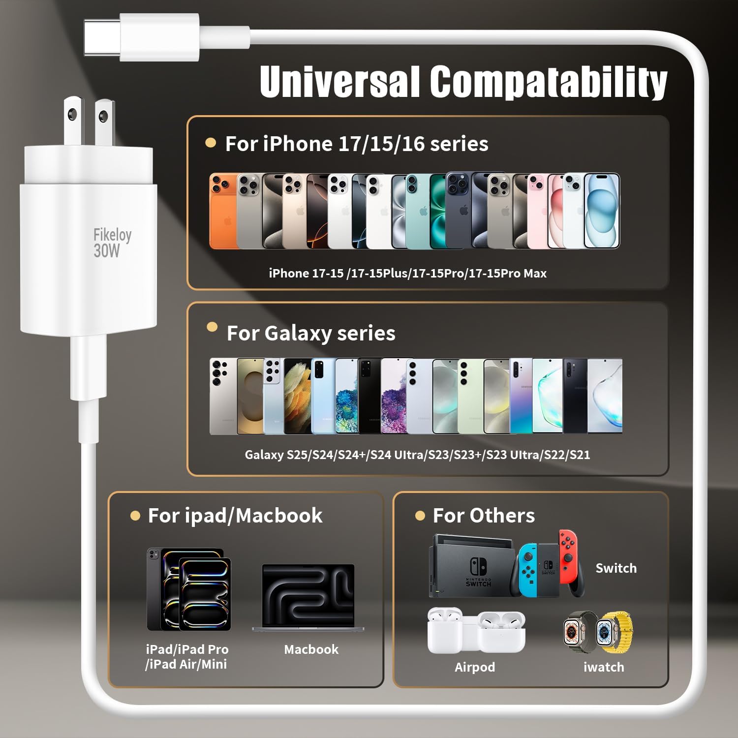 iPhone 17 16 Pro Max Charger Fast Charging USB C Charger Block, 30W USB-C Chargers with 3/6/10FT Type C Fast Charging Long Cable Cord for iPhone 17 16 15 Pro/Pro Max/Plus Series/iPad GalaxyS25/S24