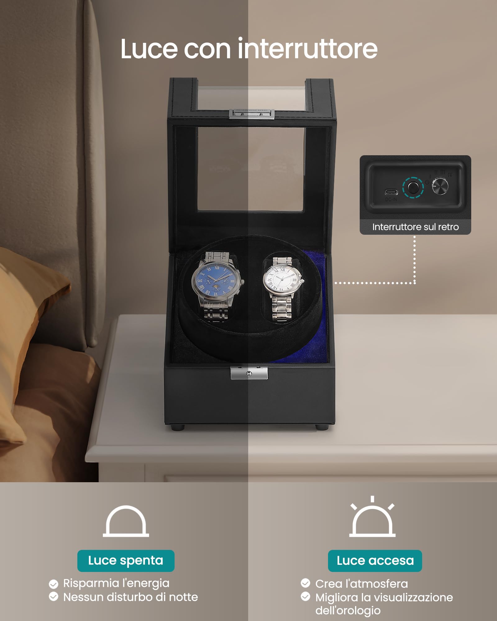 SONGMICS Carica Orologi, Caricatore Automatico Doppio per 1 Orologio con Motore Silenzioso, con LED, Cuscino Regolabile, Chiusura, 4 Impostazioni, con un Cavo di Ricarica USB-C, Nero JWB031B01