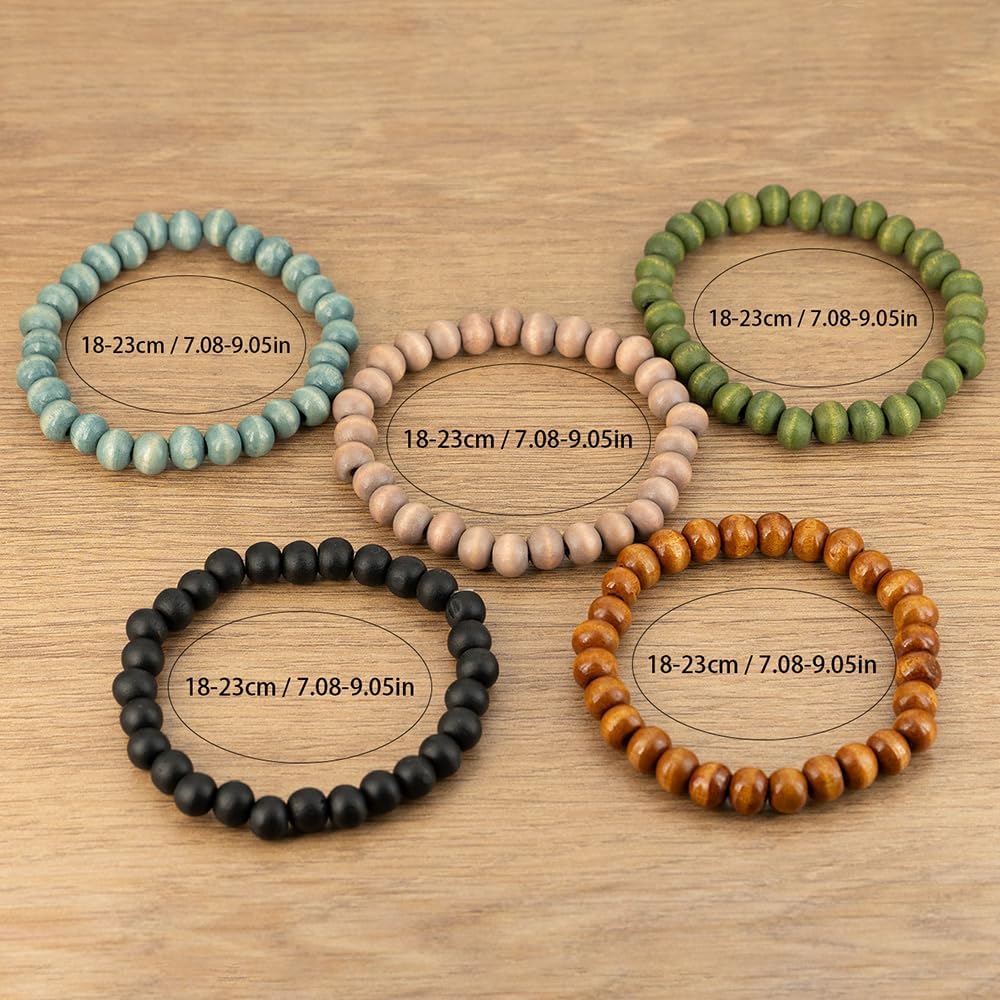 5pcs Wooden Bracelets for Women and Men, Elastic Handcraft Wooden Bead Retro Multi-layer Elastic Handcraft Bracelet,Vintage Bohemian Surfer Wristband Bangle Wrap Party Holiday Gift Accessories - Image 4