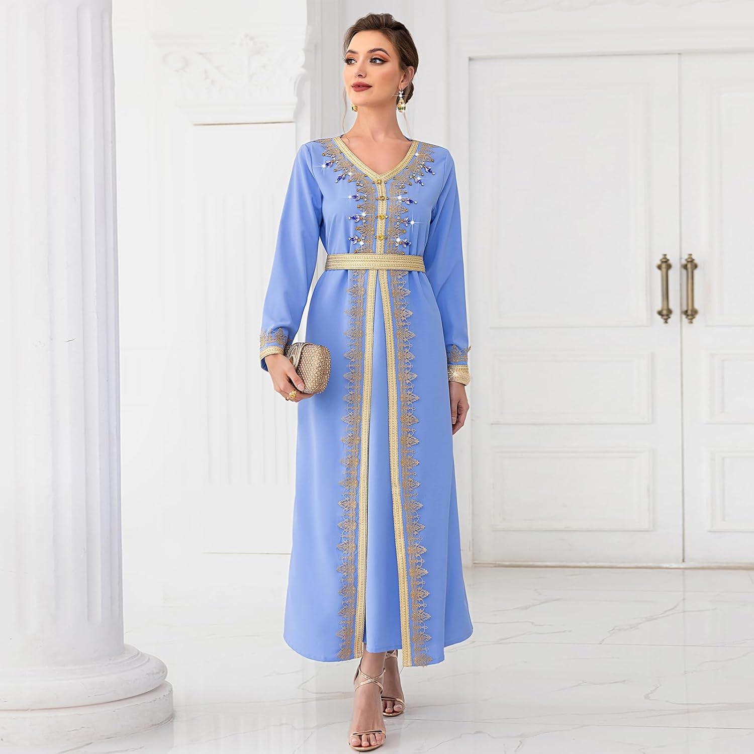 ODIZLI Abaya Dress for Women Dubai Sadui Bead Moroccan Kaftan Fancy Eid Dress Light Blue Medium image 5 of 6 B0CP4VBHHH