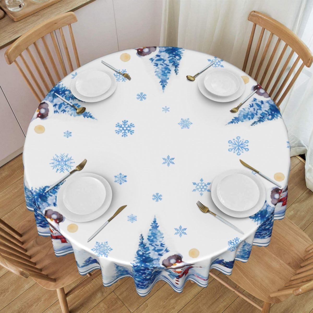 Merry Christmas Tablecloth, Blue Winter Xmas Snowman Pine Trees Snowflakes Watercolor Seasonal Water Resisitant Wipeable Table Cover for Dining Kitchen Room Home Party Holiday Decor 70 inch Round