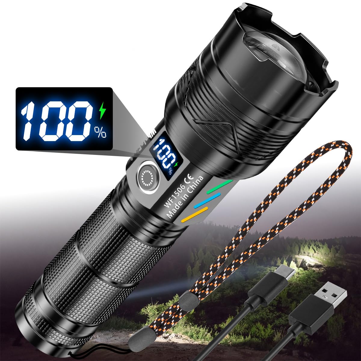 WholeFire Torches LED Super Bright Rechargeable, Led Torch Rechargeable 30000 Lumens, Flashlight Torches Battery Powered with LCD Display and 5 Modes, Powerful Torch Flash Light for Camping,Walking