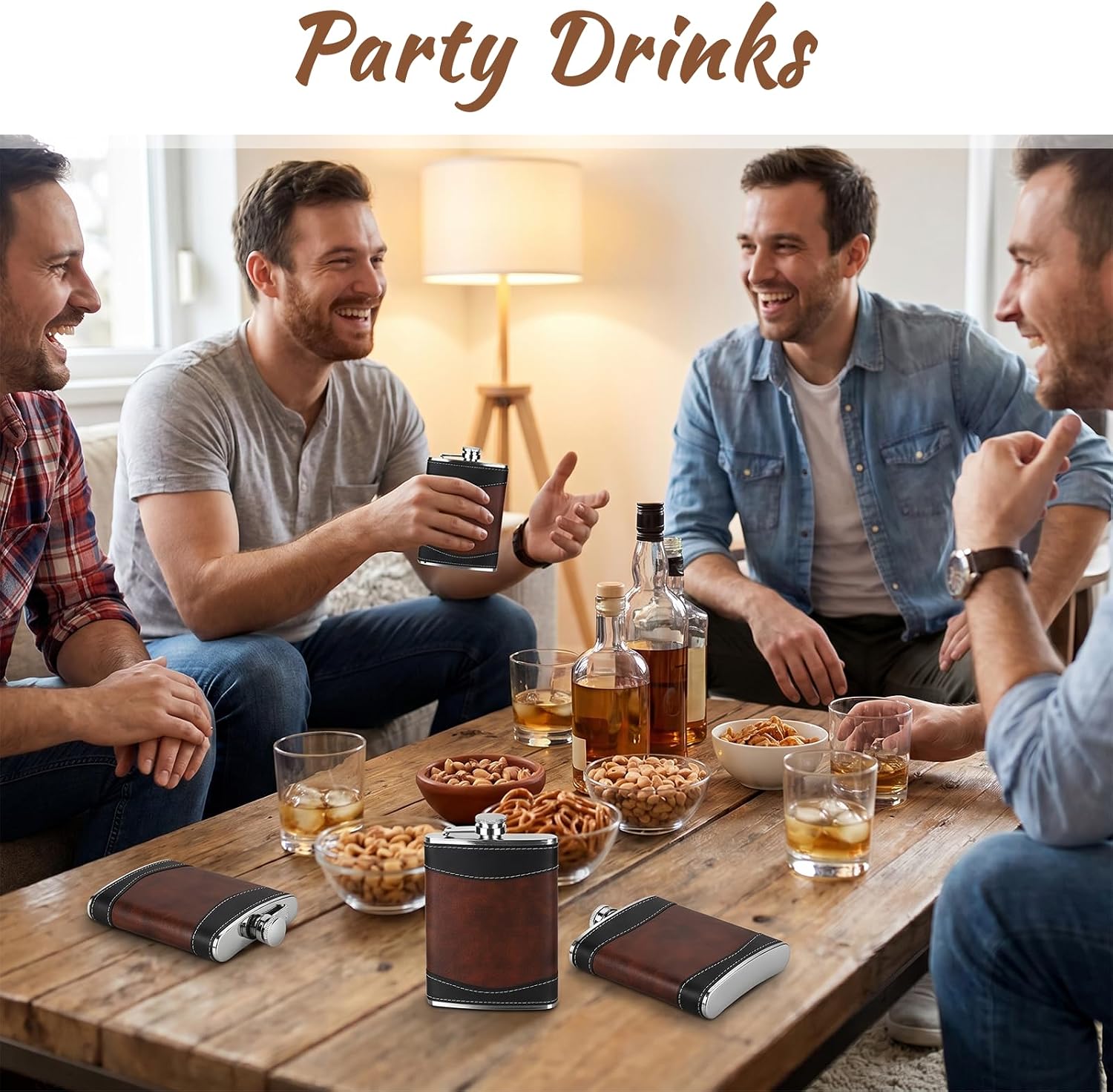6 Pcs 8 oz Brown Leather Hip Flask for Men, Leak Proof Stainless Steel Flasks for Liquor with Funnel, Whiskey Drinking Vessels for Birthday Wedding Bridesmaid Groomsmen Fathers Day