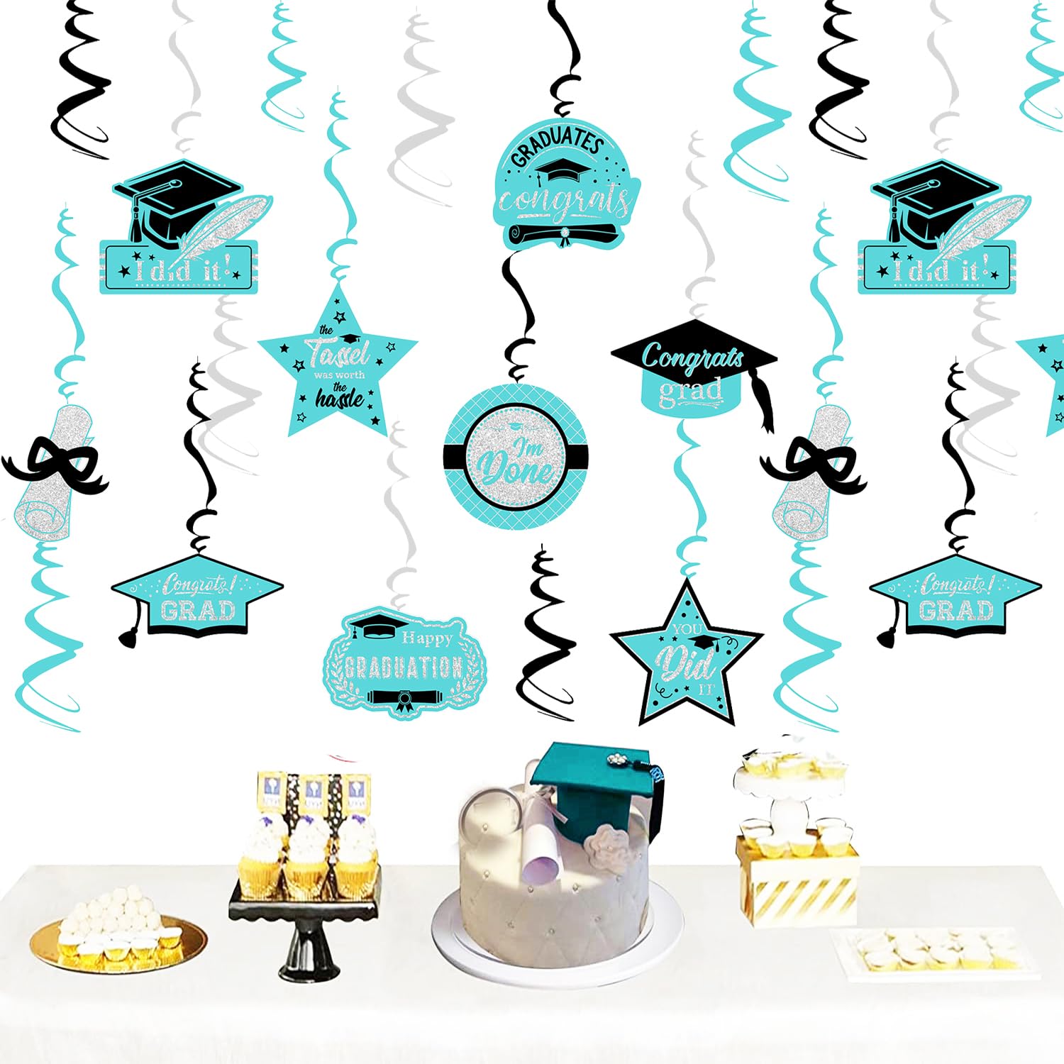Teal Turquoise Graduation Party Decorations 2025/Turquoise Teal Black Graduation Decorations 2025 Teal Silver Black Hanging Swirls 15pcs Class of 2025