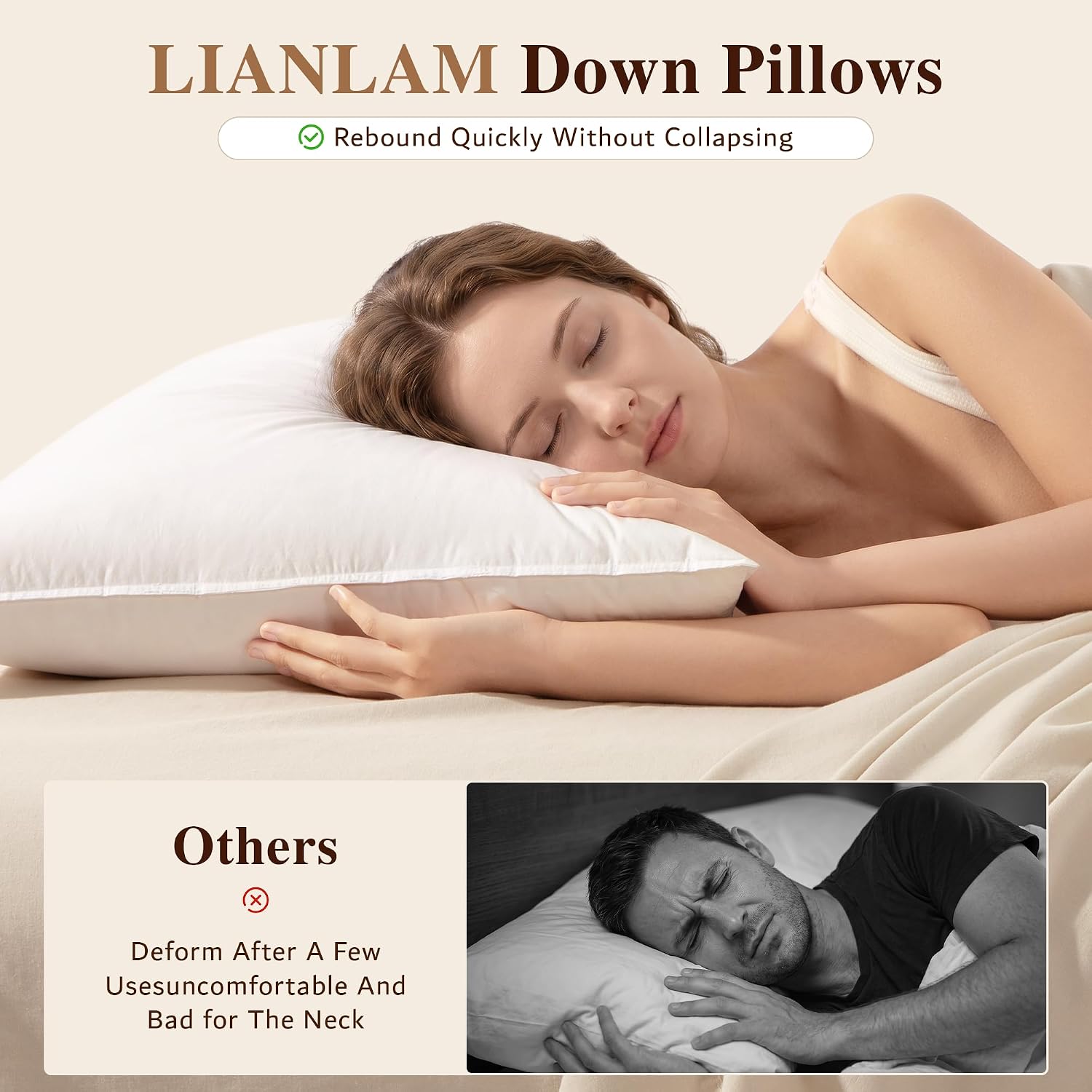 LIANLAM Goose Down Pillow King Size with 100% Cotton Shell - 2PC,20"x36"