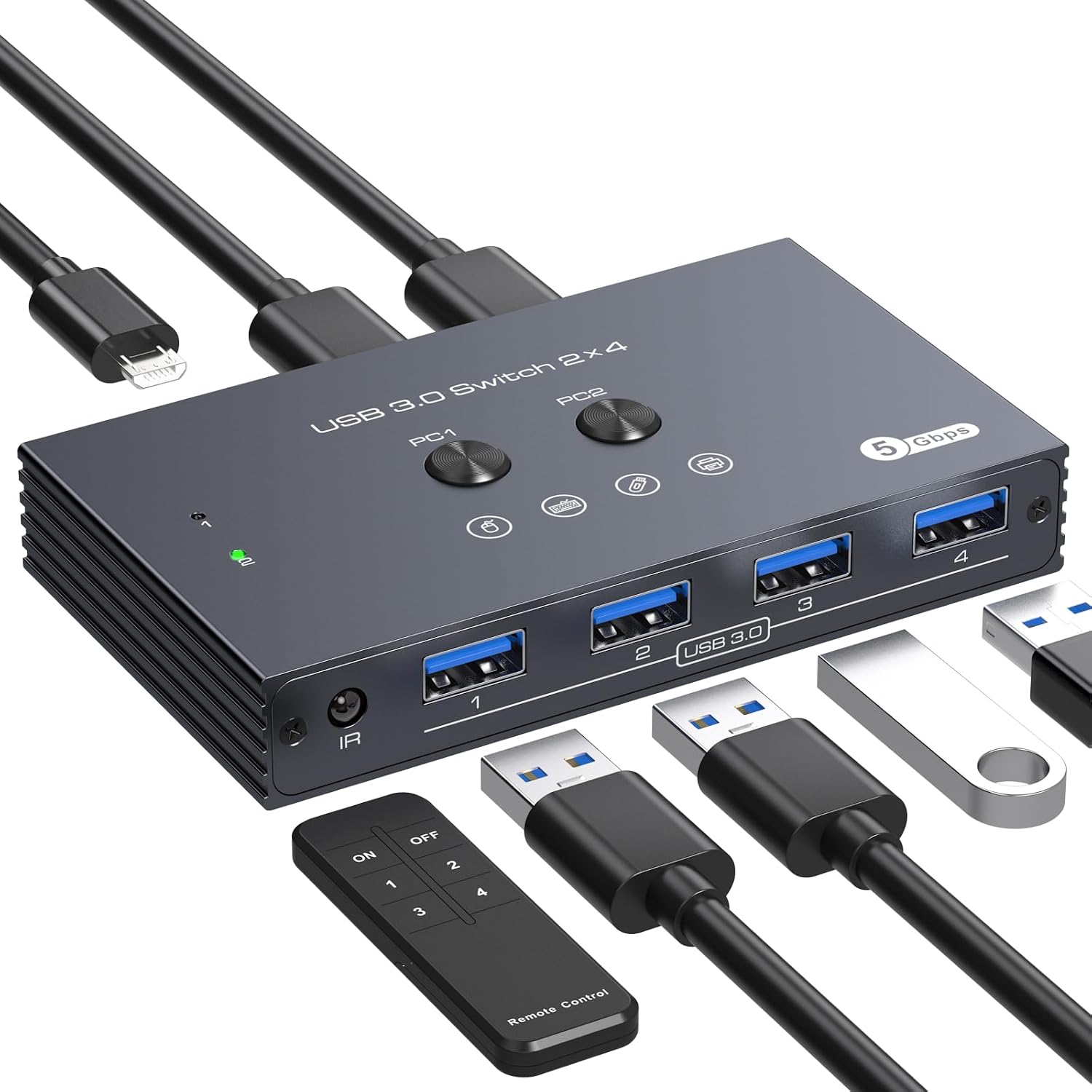 USB 3.0 Switch 2 Computers Share 4 USB Devices with IR Remote 4 Port Hub USB KVM Control 5Gbps Data Sharing for Keyboard Mouse Printer Scanner