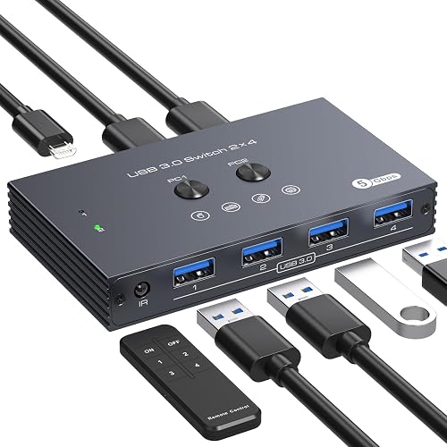 XPTSFDU USB 3.0 Switch 2 Computers Share 4 USB Devices with IR Remote 4 Port Hub USB KVM Control 5Gbps Data Sharing for Keyboard Mouse Printer Scanner