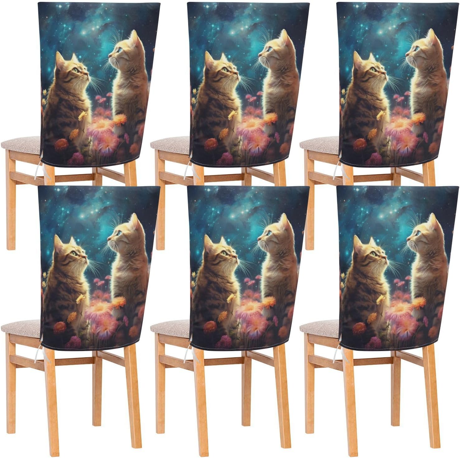 ALAZA Cute Cats Flower Galaxy Chair Back Cover Set of 6, Washable Reusable Removable Chair Slipcovers Decorative Chair Cover for Home Kitchen Wedding Party