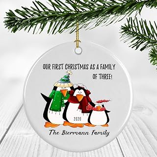 3 Penguin - Our First Christmas As A Family Of Three, The Biermann Family - Newborn New Baby Parents Mom Dad Xmas Present Mommy Daddy Plastic Porcelain Keepsake 3" Flat Circle