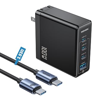 NOHON USB-C Fast Charger Adapter 100W PD 3.0 GaN Wall Block | Foldable Plug with 140W PD3.1 Type-C Cable 3.93ft | 3-Port Compatible with MacBook Pro ipad Laptop iPhone 12 13 14 15 Galaxy S23