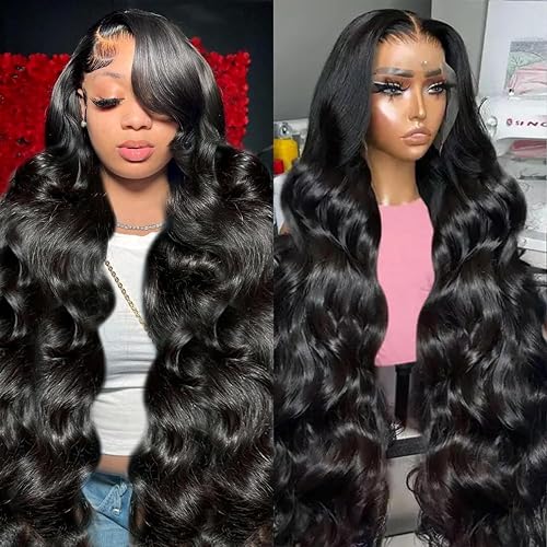 32 Inch 13x6 Lace Front Wigs Human Hair Pre Plucked, 180% Density Body Wave HD Transparent Lace Frontal Wigs with Baby Hair for Women, Glueless Wig, Natural Black