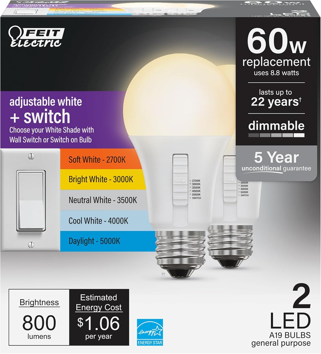 Bombillas LED - A19 60W Eq. Regulable 5CCT + interruptor - Paquete de 2