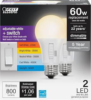 A19 LED Light Bulb, 60W Equivalent, Dimmable, Color Selectable 6-Way, 5CCT, E26 Medium Base, 90 CRI, 800 Lumens, 22-Year Lifetime, Damp Rated Lightbulb OM60DM/6WYCA/2, 2 Bulbs