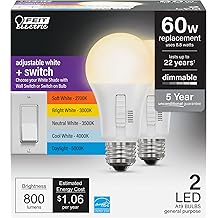 Feit Electric A19 LED Light Bulb, 60W Equivalent, Dimmable, Color Selectable 6-Way, 5CCT, E26 Medium Base, 90 CRI, 800 Lumens, 22-Year Lifetime, Damp Rated Lightbulb OM60DM/6WYCA/2, 2 Bulbs