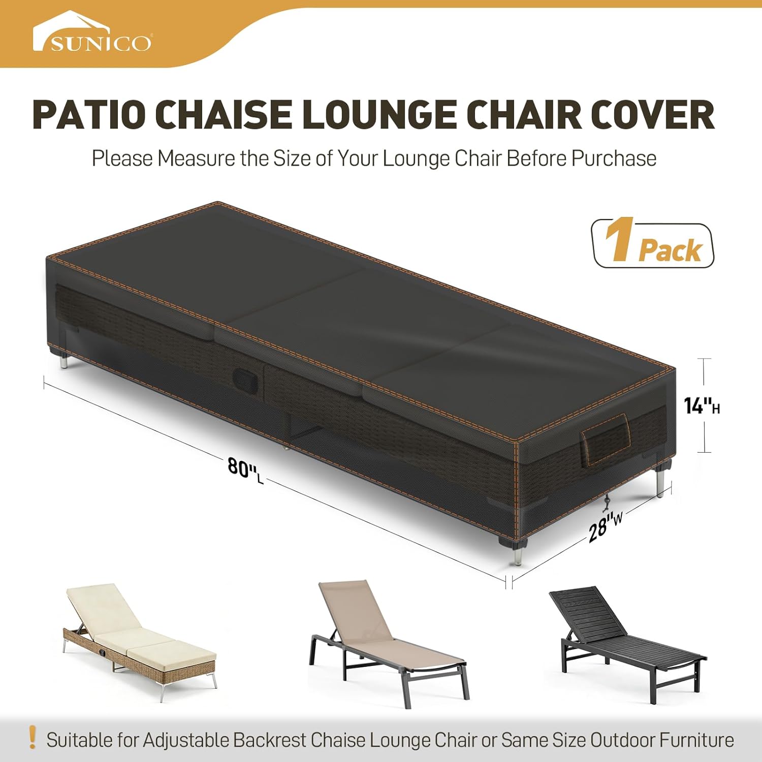 SUNICO Outdoor Chaise Lounge Cover, 80" L x 28" W x 14" H Waterproof Lounge Chair Cover, Pool Lounge Chair Covers, UV Fade Protection, Tear-Resistant, Black