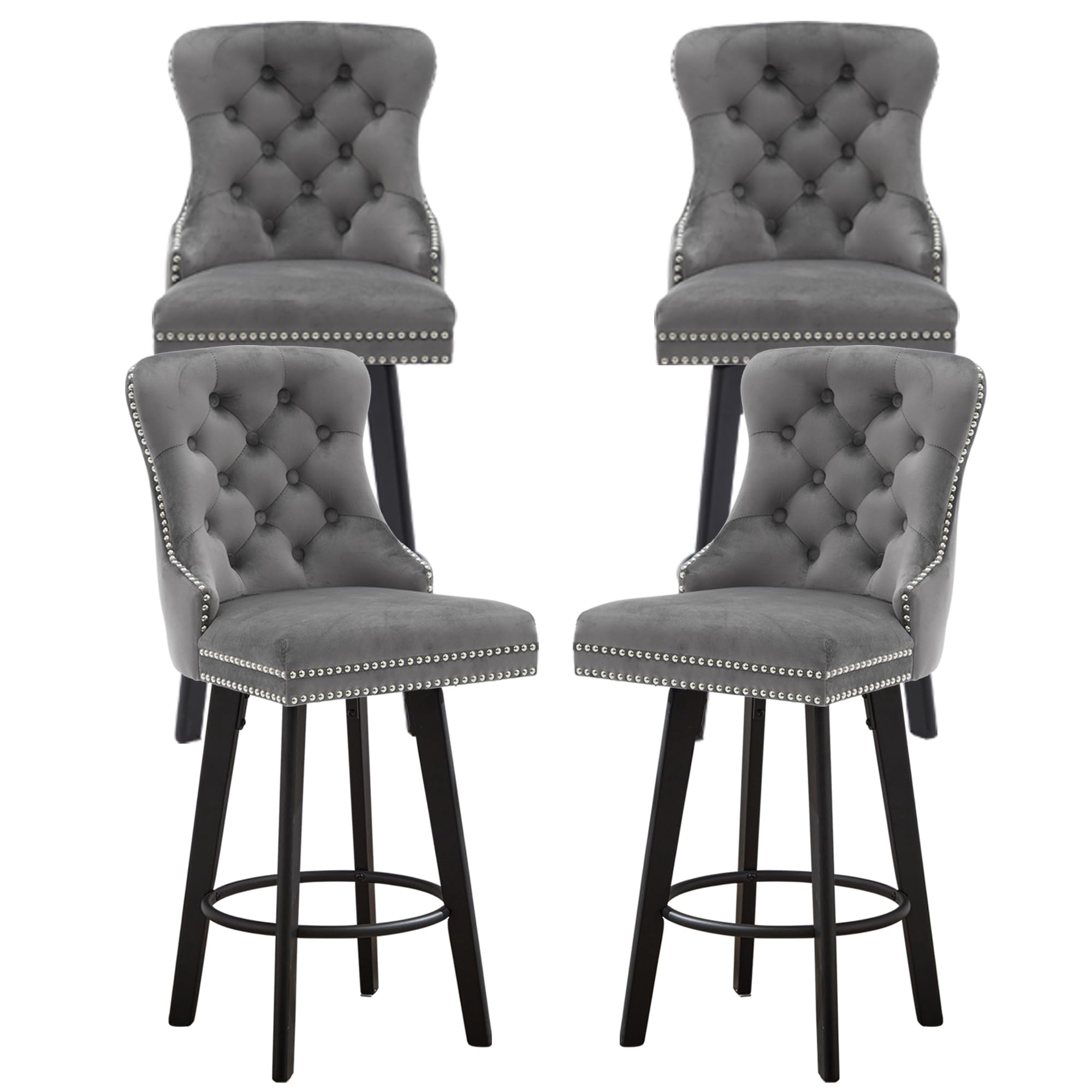 YISHENG Modern Swivel 27" H Seat Set of 4 Velvet Barstools with Backrest and Footrest,Button Tufted Rivet Trim Dining Room Chairs with Metal Pull Ring for Kitchen Island，Bistro, Home Bar，Gray