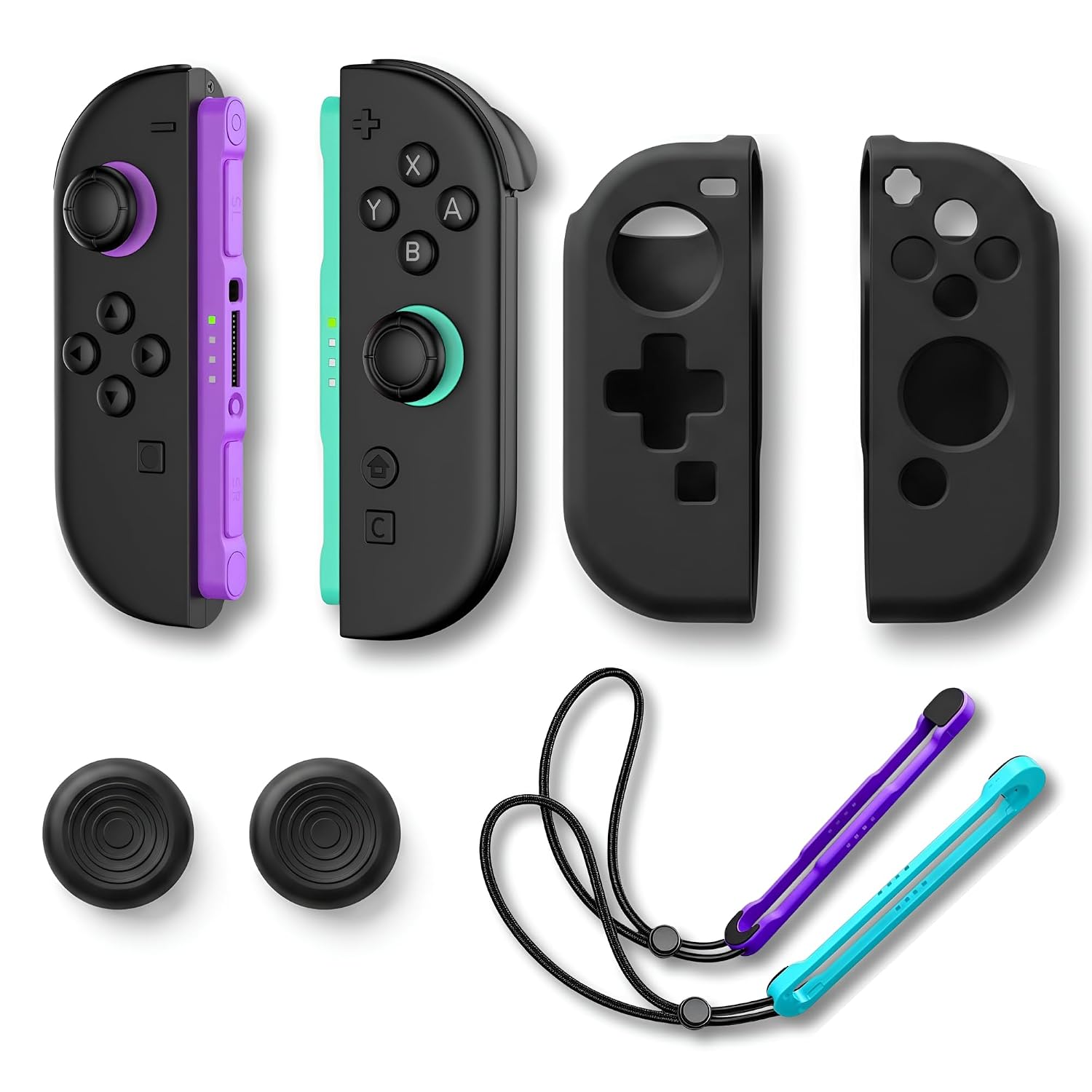 9BitControllers Wireless Controller compatible with Switch 2 (L)/(R) Light Purple and Light Green with Soft Silicone Cover Cases, Thumbstick Grip Caps, Wrist Straps, Motion Controls, HD Rumble, Magnetic Connection, Bluetooth 5.1