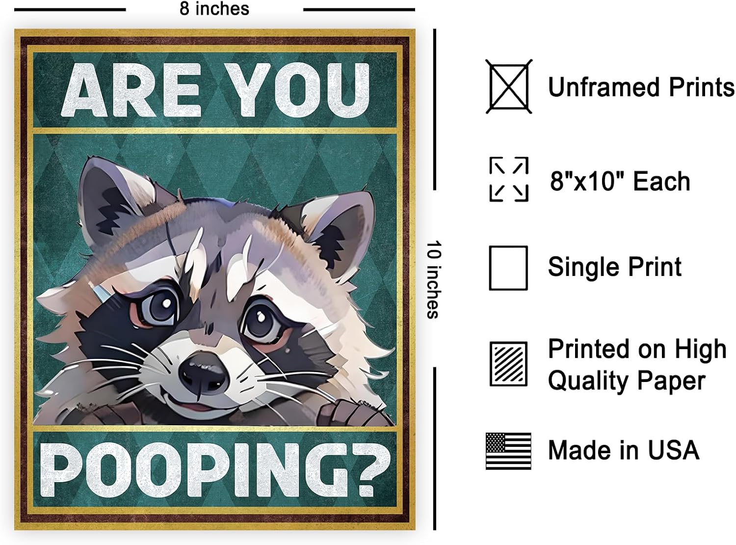 Poster Master Are You Pooping Poster - Racoon Print - Cute Racoon Bathroom Wall Art - Kids Bathroom Decor - Funny Guest Bath Decorations - Powder Room Decor - Restroom Sign - 8x10 UNFRAMED Wall Art