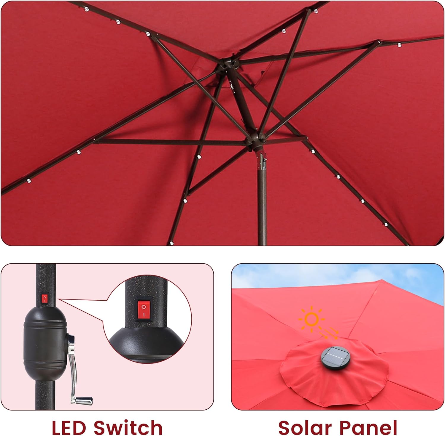 MONDAWE Rectangular Market Umbrella with Lights 10 x 6.5 FT Outdoor Solar LED Patio Umbrella Tilt and Crank Aluminum Commercial Table Umbrella for Pool Backyard Balcony