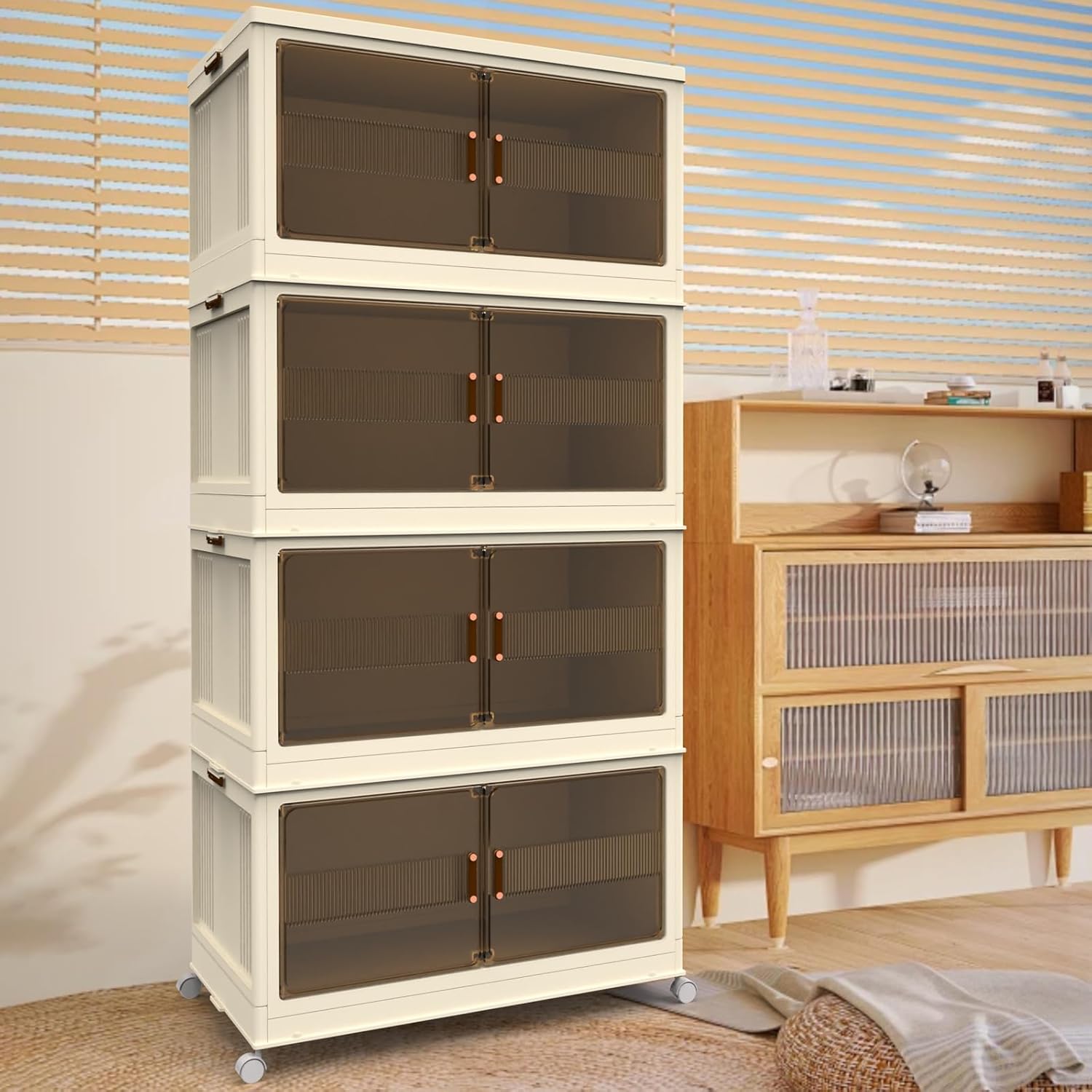 4 Tier 86 Quarts Plastic Storage Cabinet with Wheels, Large Capacity Foldable Storage Bins with Lids and Door, Stackable Collapsible Storage Collapsible Organization and Storage for Kitchen, Office