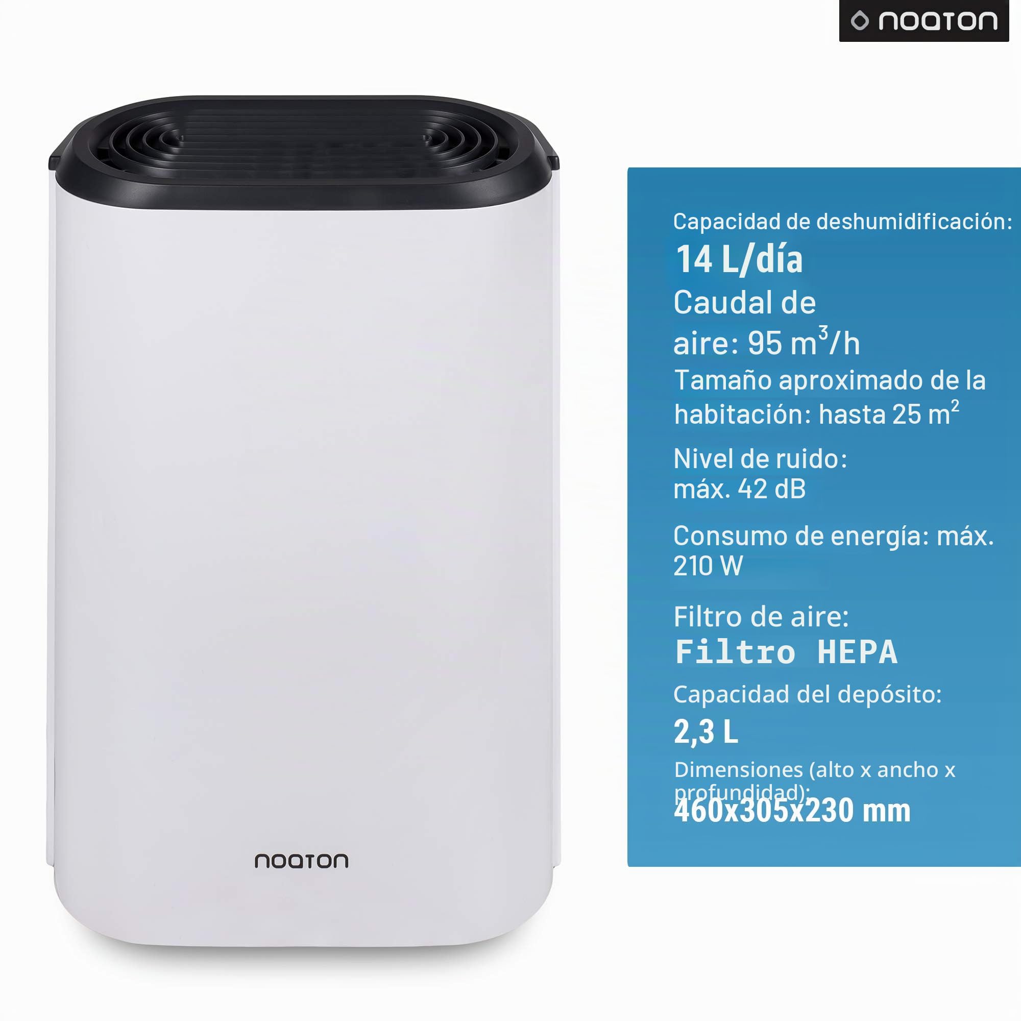 Deshumidificador y purificador de aire Noaton DF 4214 HEPA, salida de hasta 14 l, flujo de aire 95 m3/h, hasta 25 m2, filtro HEPA, consumo <210 W, secado de ropa