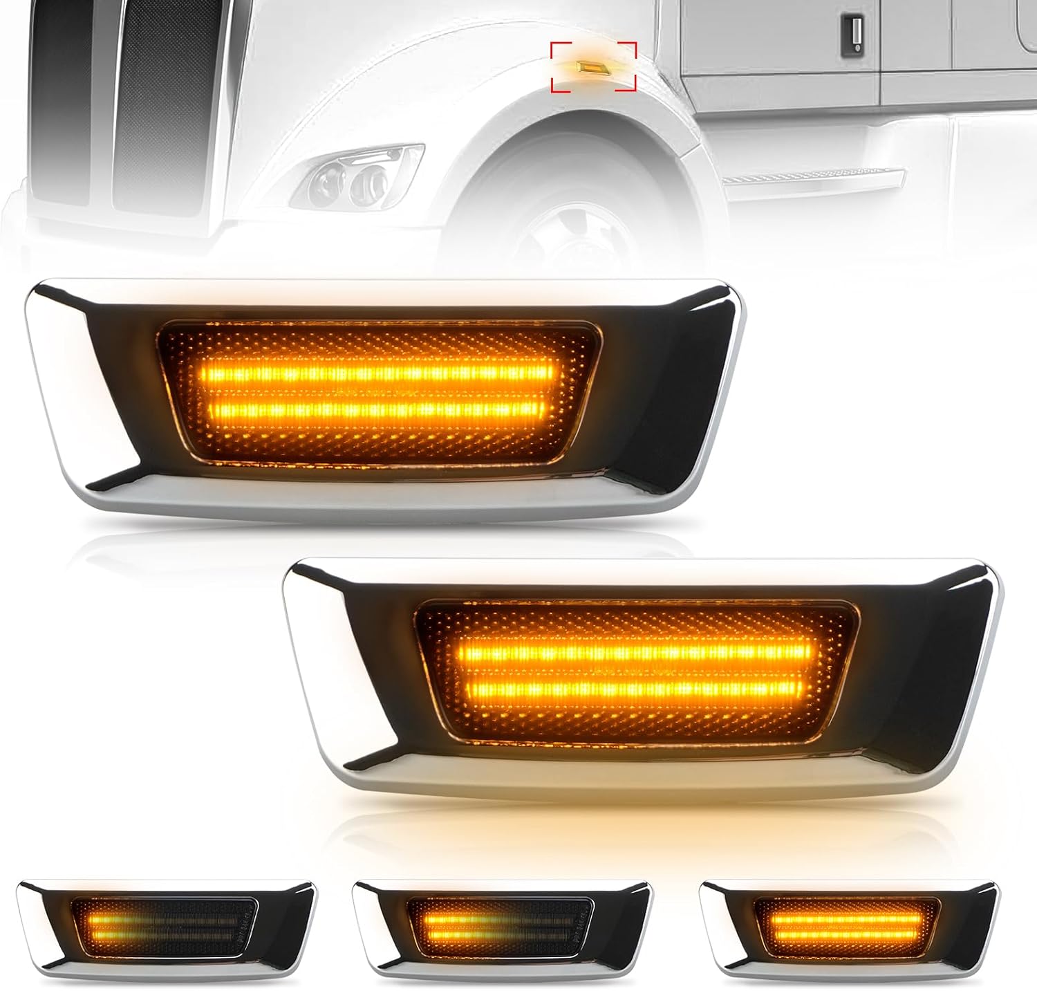 Bestview Side Marker Light Assembly, Turn Signal Lights Compatible for Kenworth T680 T770 T880 2011-2017, Dynamic Amber LED Smoke Len