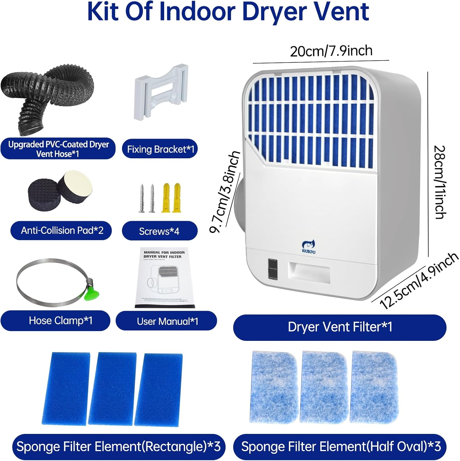 RUIOU Indoor Dryer Vent Kit with Hose – Energy Efficient Dryer Lint Trap,Upgraded Safety Vent Flap, Triple Filtration for Electric Dryers