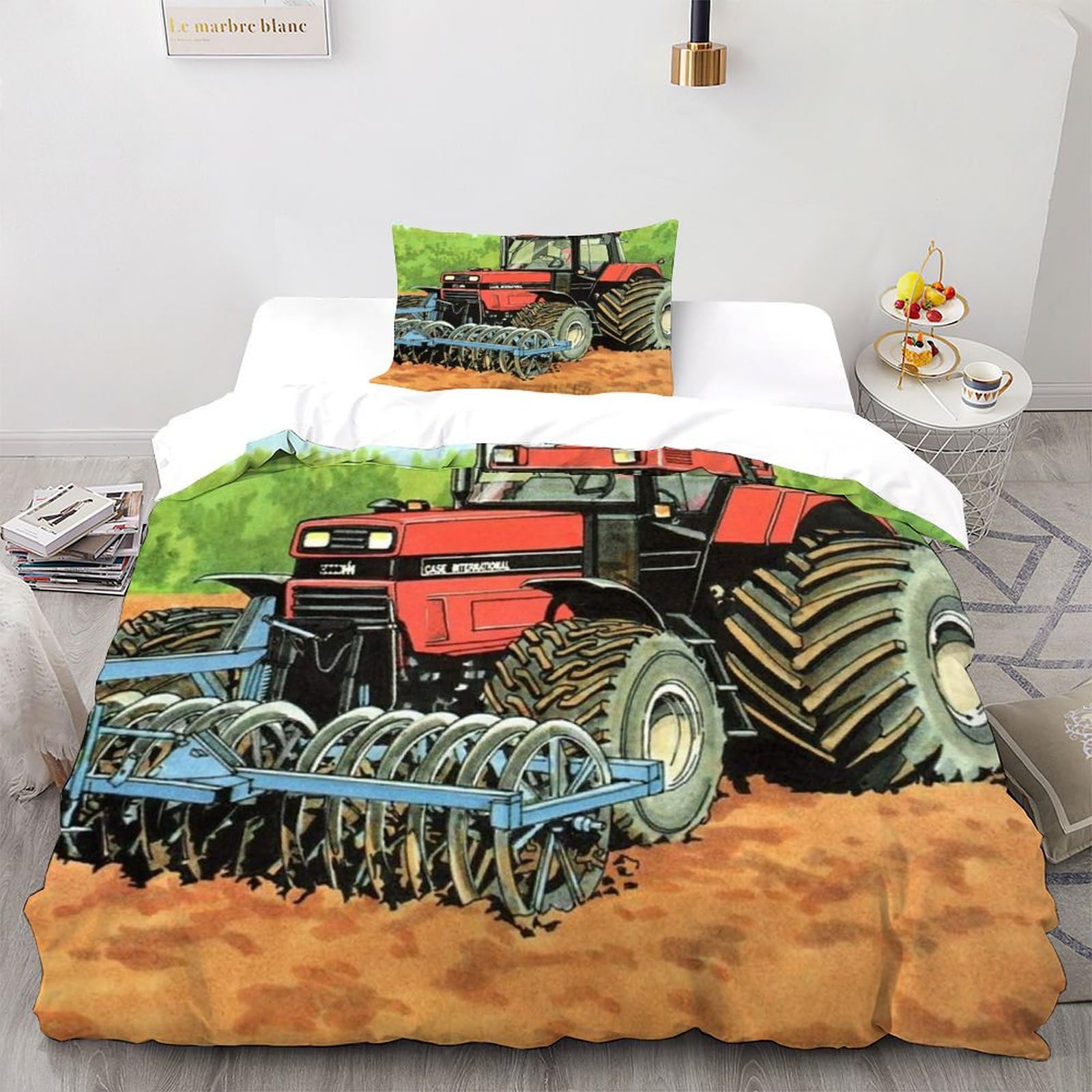 Red Tractor Duvet Cover Set with Pillowcases 3D Printed Large Farm Vehicle Comforter Cover Set 2 Piece with Zipper Closure, for Kids Teenagers Adult Single（135x200cm）