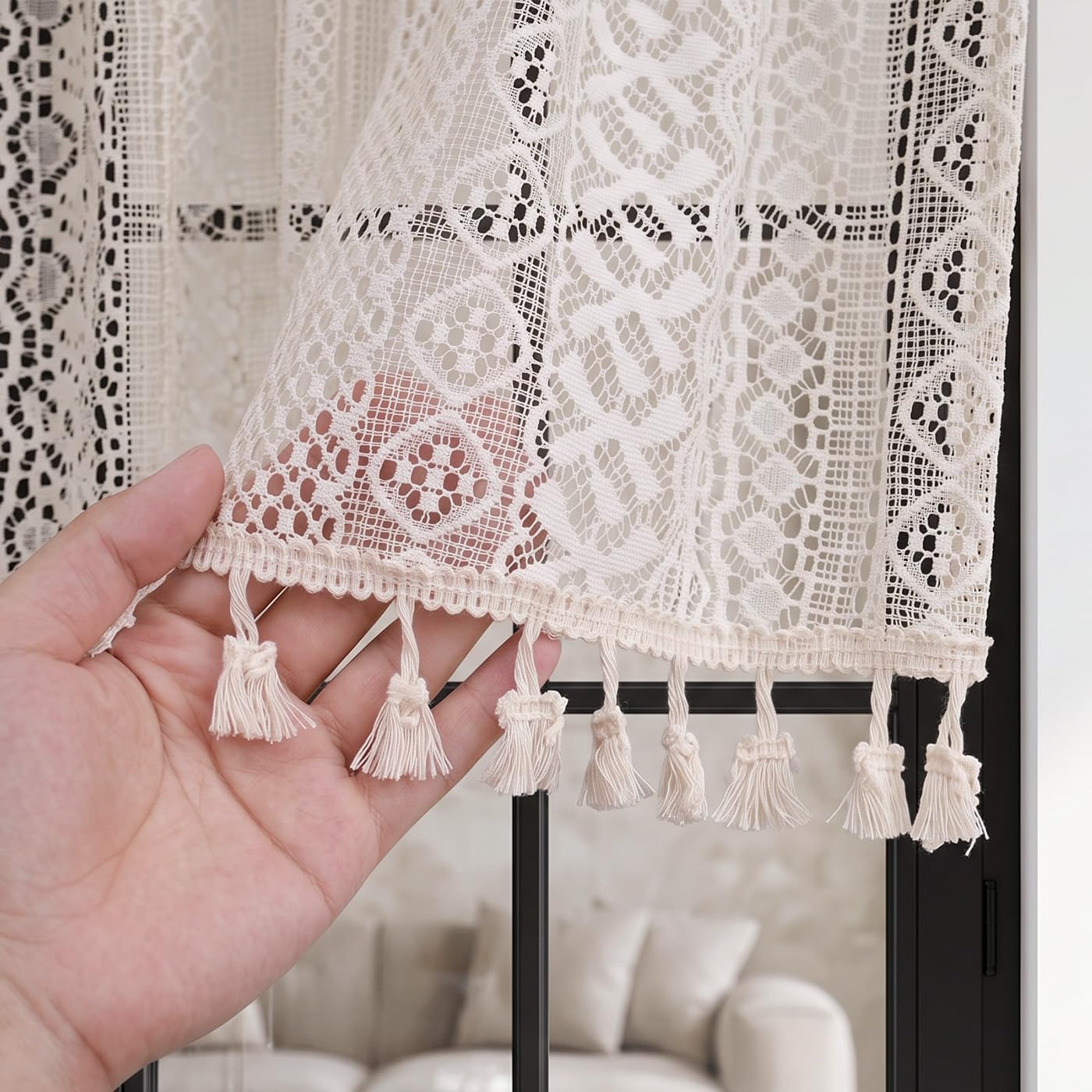Boho Valance Lace Crochet Beige Small Curtain with Tassels 60"W x 18"L, 1Pc