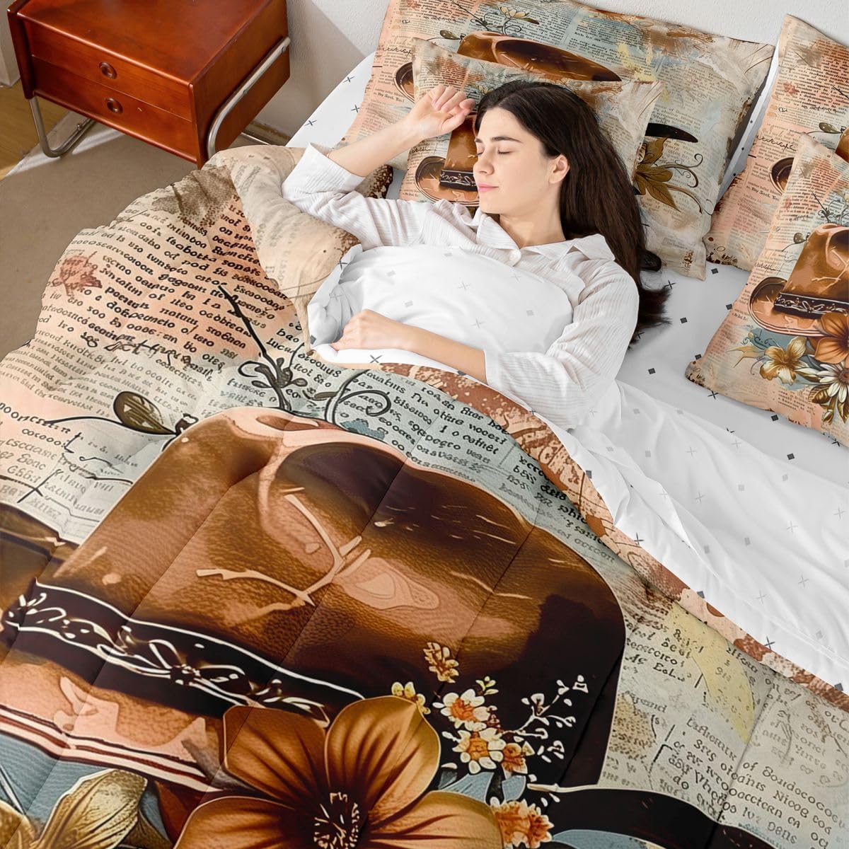 Erosebridal Western Cowboy 7 Piece Comforter Set Full | Country Western Hats Bed in A Bag Hippie Blooming Floral Sheet Set Reversible American Wild West Fitted Sheet Breathable Lightweight