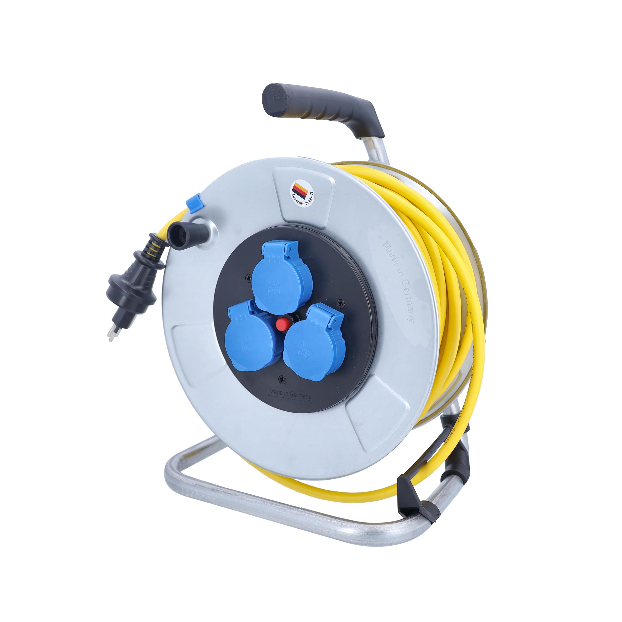 as - Schwabe avvolgicavo 25 m AT-N07V3V3-F 3G2,5, IP44 esterno, con spina SEV T13 IP55, 3 prese Tipo 13, interruttore termico di protezione, tamburo in lamiera d’acciaio zincata, Made in Germany