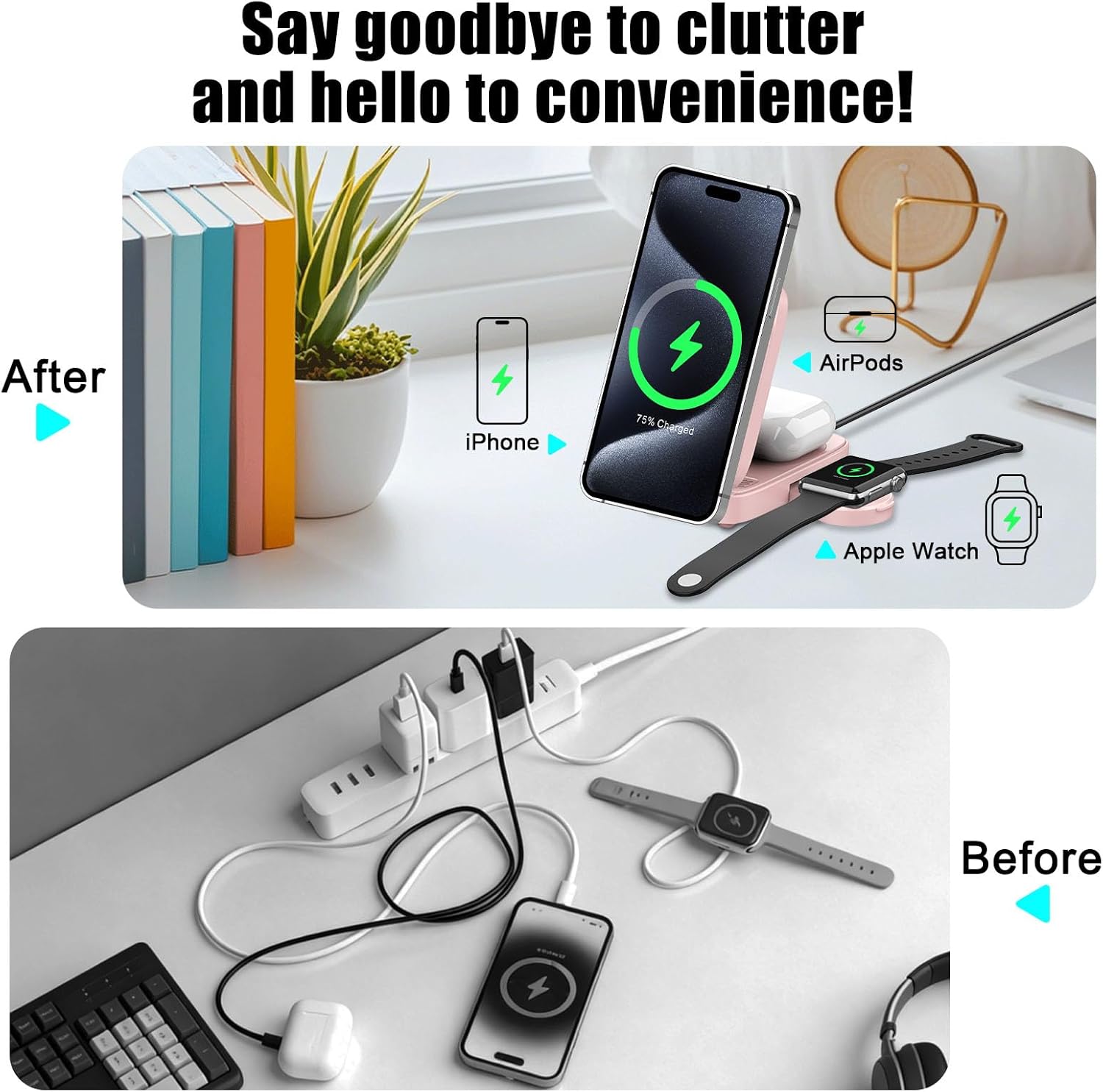 3 in 1 Wireless Charging Station, 15W Magsafe Charger, Magnetic Wireless Charger Stand for iPhone 17 16 15 14 13 12 Series, Samsung, Apple Watch, AirPods, Pink (Adapter NOT Included)