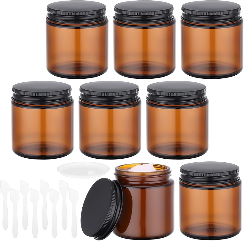 Segbeauty Frascos Cosméticos Recarregáveis de Vidro Âmbar com Tampa, 100 mL, Pacote com 8 e Espátulas