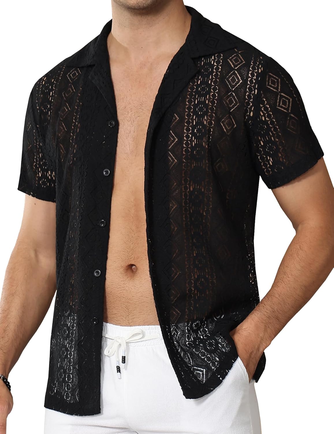 Mens Floral Lace Shirt Hollow Out Sheer See Through Short Sleeve Casual Button Down...