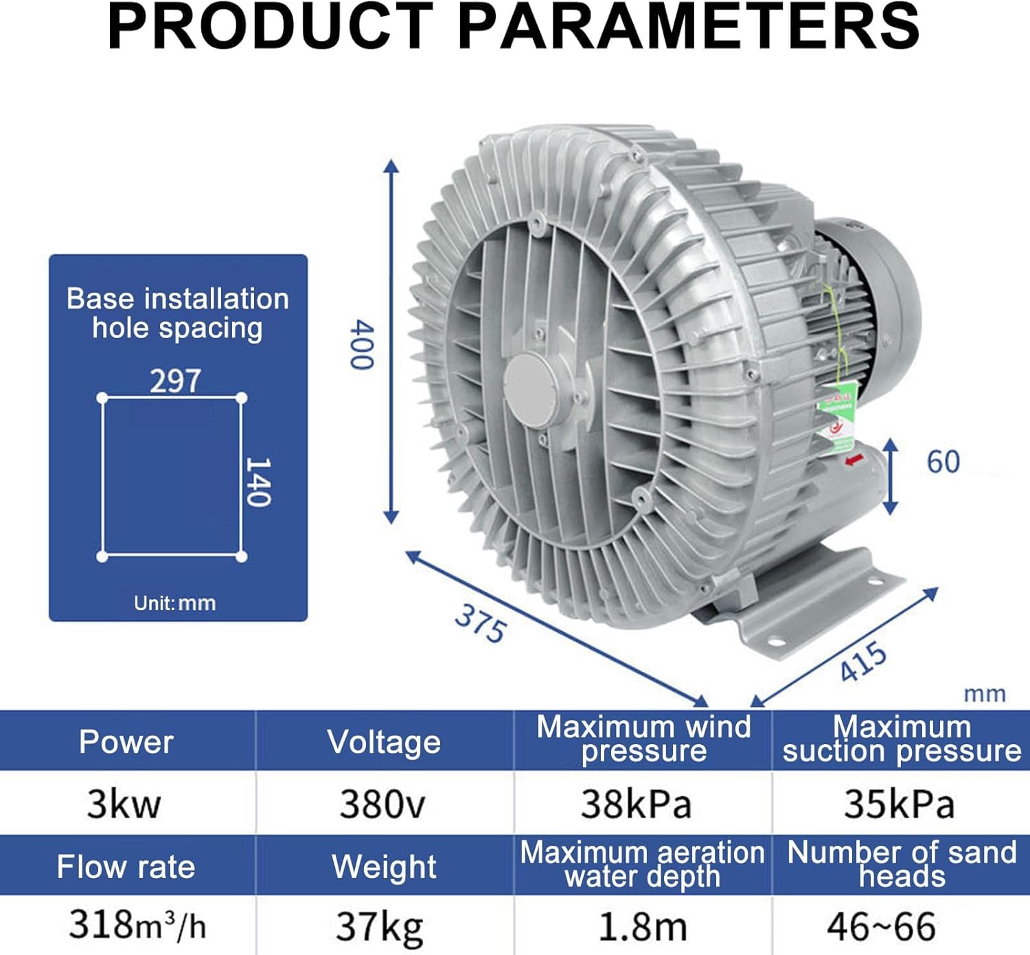 Genérico Soplador de Anillo vórtice para estanques y Piscinas, soplador regenerativo Industrial de 220 V/380 V con Filtro de Polvo, Bomba de Aire de Alta eficiencia de 1,1 kW para Sistemas acuáticos.