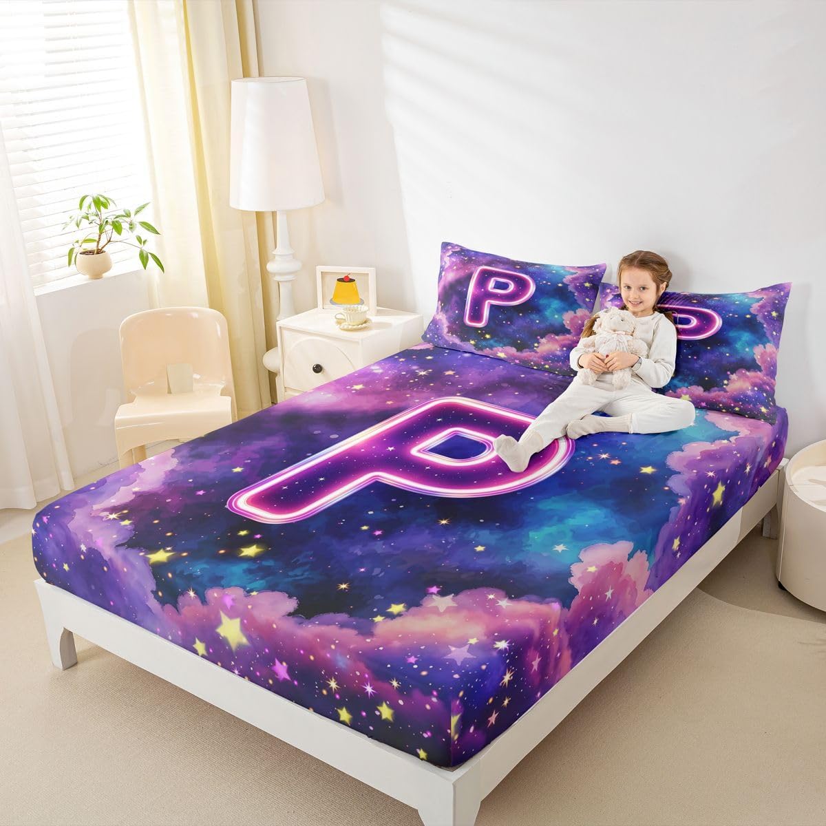 Erosebridal Neon Letter I Fitted Sheet Twin Size Galaxy Starry Sky Bed Sheets Kids Girls Young Abstract Universe Bedding Set Pretty Purple Blue Ormbre Aesthetic Sheets