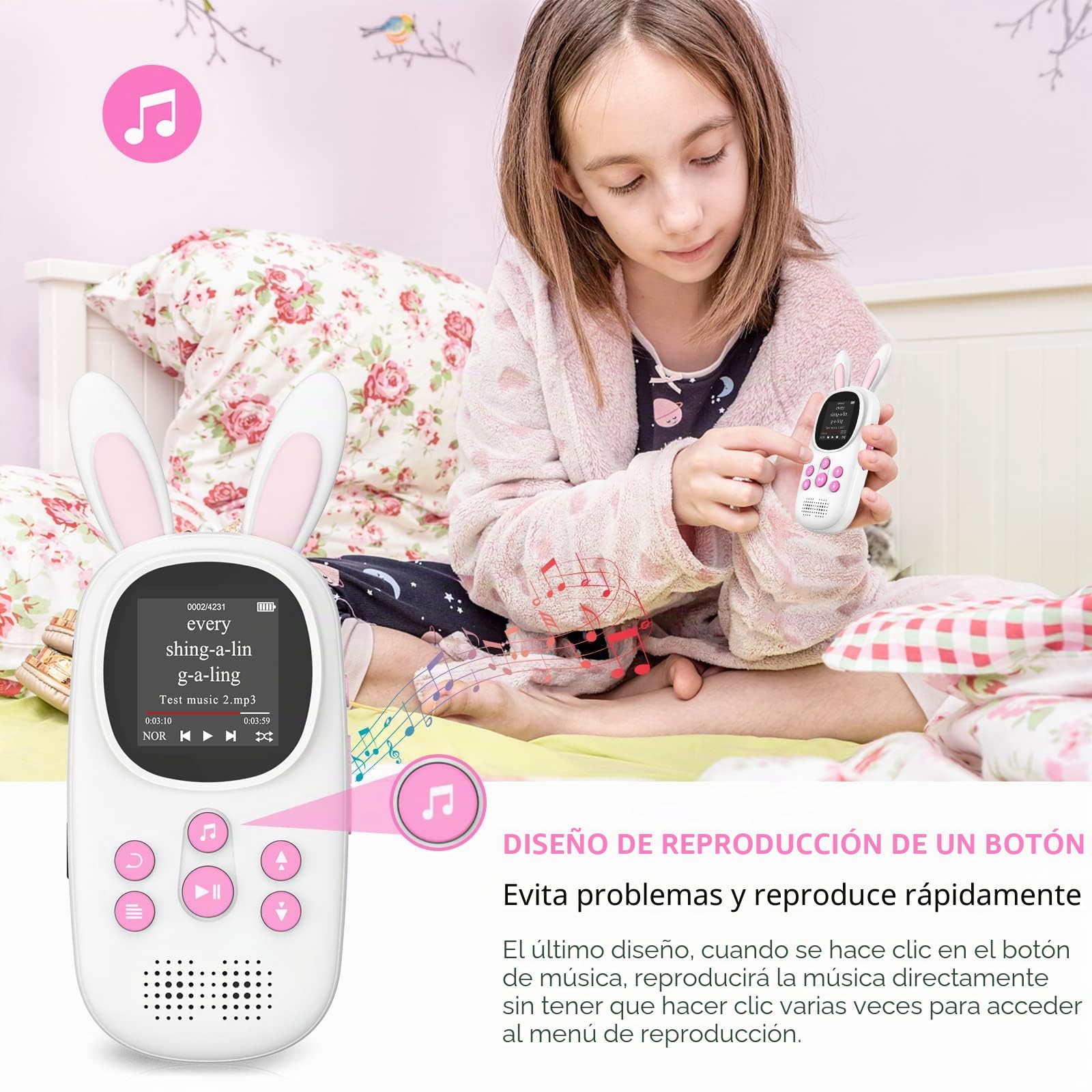 32GB Reproductor MP3 de para niños, Lindo Conejito MP3 Reproductor con Bluetooth, Música MP3 con Altavoz, MP3 Player con Radio FM, grabaciones, Alarma. soporta hasta 128 GB