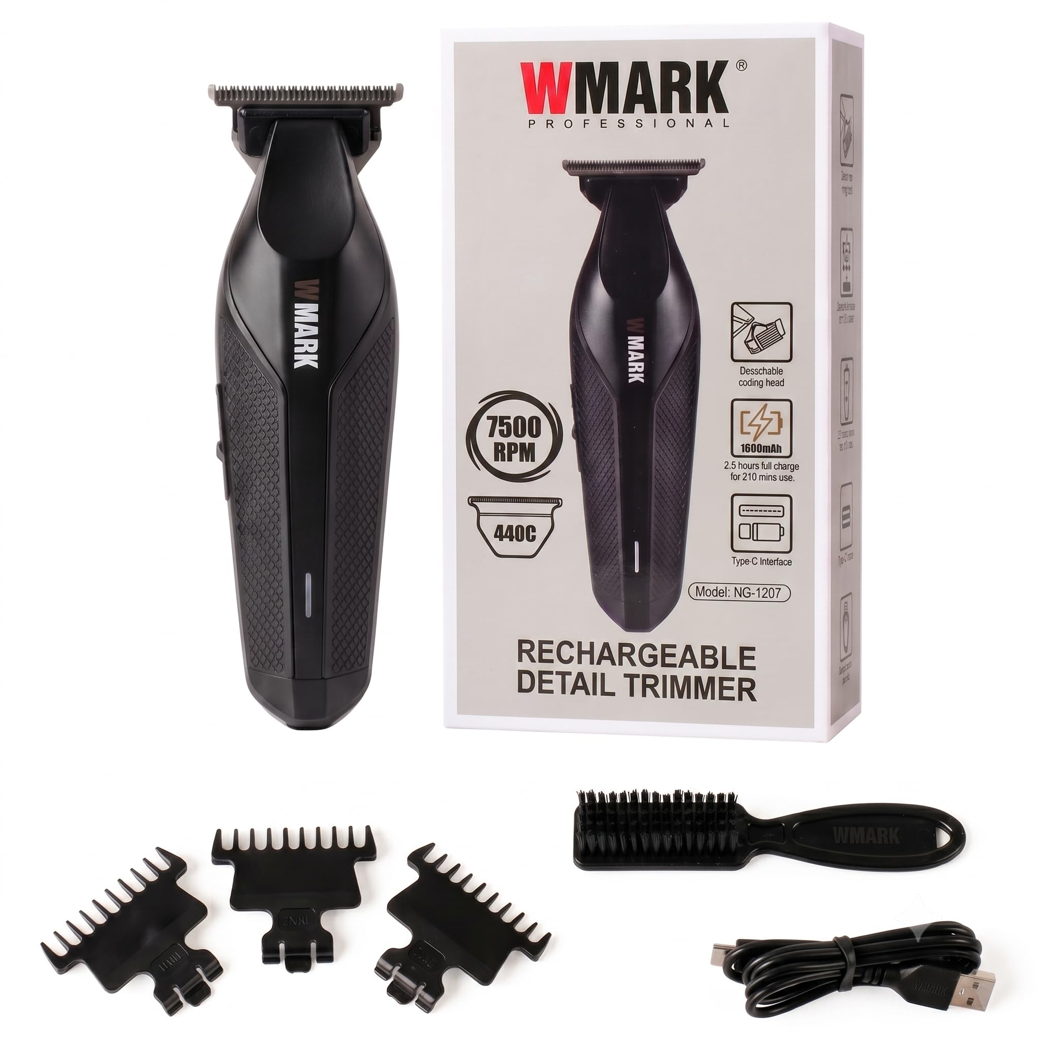WMARK NG-1207 Men's Beard and Hair Trimmer, Cordless Hair Clipper with Motor 7500 RPM, T-Blade without Irritation, Battery 210 min, USB-C Charging, 3 Guide Combs