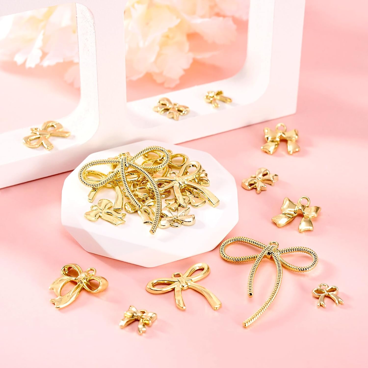 FASHEWELRY Alloy Bowknot Charms Links Golden Bow Tie Connector Charms Metal Bow Link Charms Bow Earring Connectors Christmas Jingle Bell Bow Charms for DIY Necklace Bracelet Jewelry Making