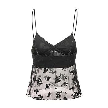 Women Split Front Lace Cami Tops Mesh Floral Print Spaghetti