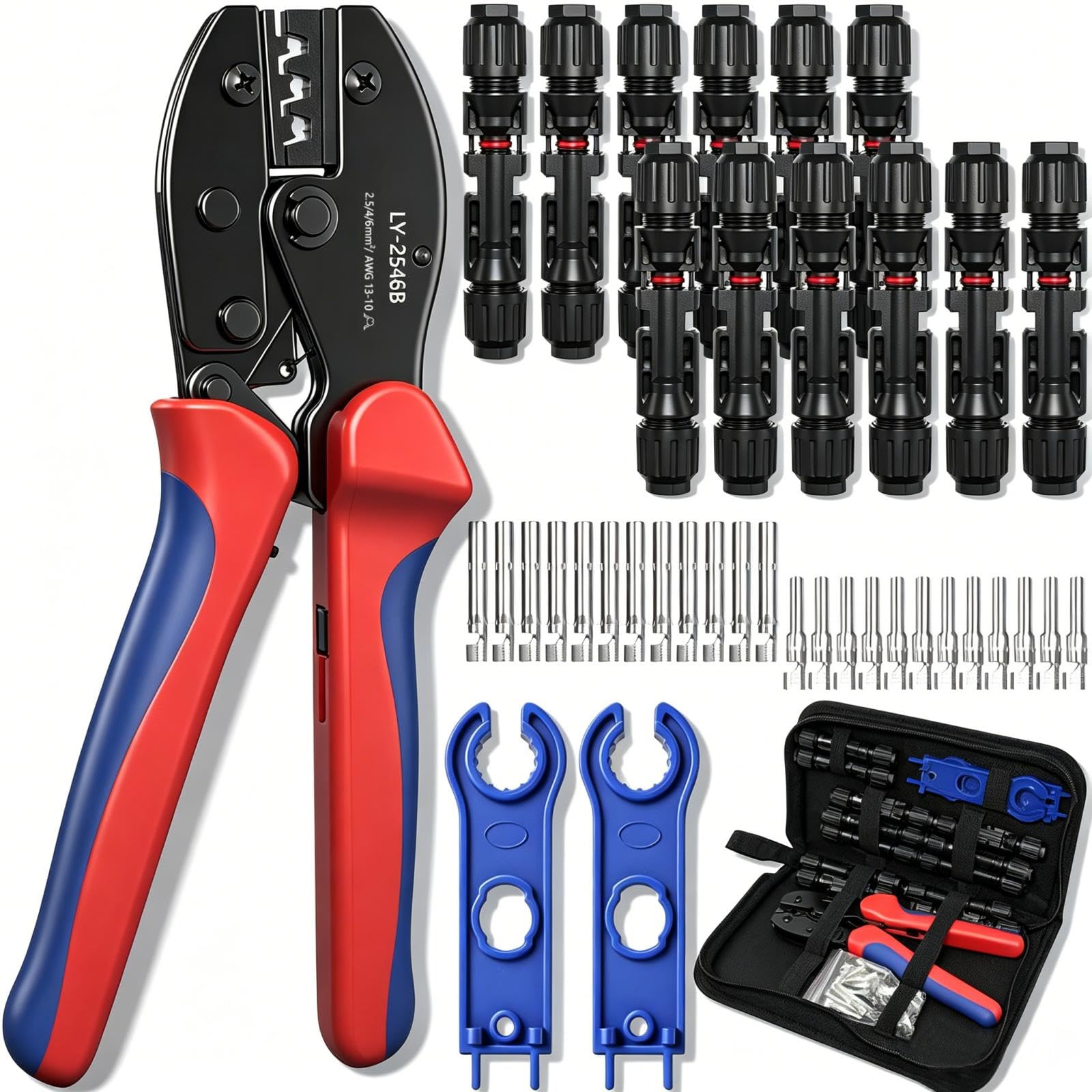 Pince à Sertir Cosse Electrique pour Câbles PV de 2,5/4/6 mm², Outils de Sertissage Solaires, avec 1 Pince MC4, 12 Paires de Connecteurs Solaires et 2 Clés, pour Panneau Solaire Câble