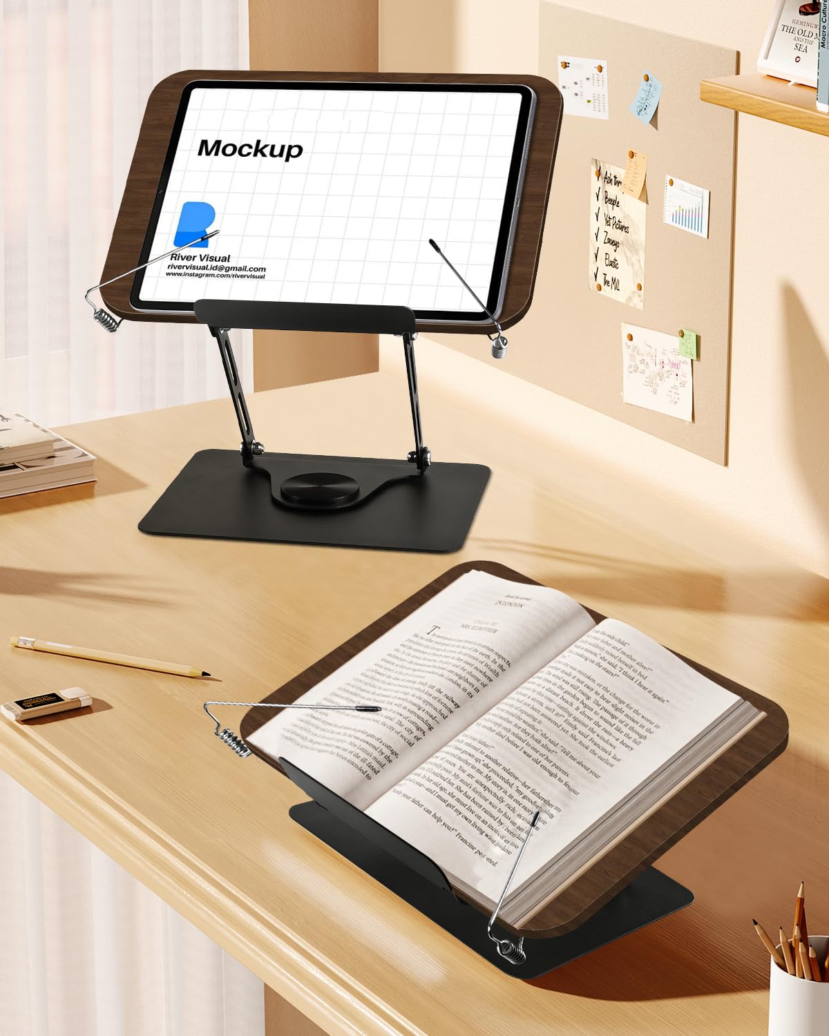 Leggio per Libri in Legno, Supporto Libri per Lettura con Base Girevole a 360°, Altezza Regolabile Bookstand, Pieghevole, per Libri, Cuochi, Tablet, Spartito (01)