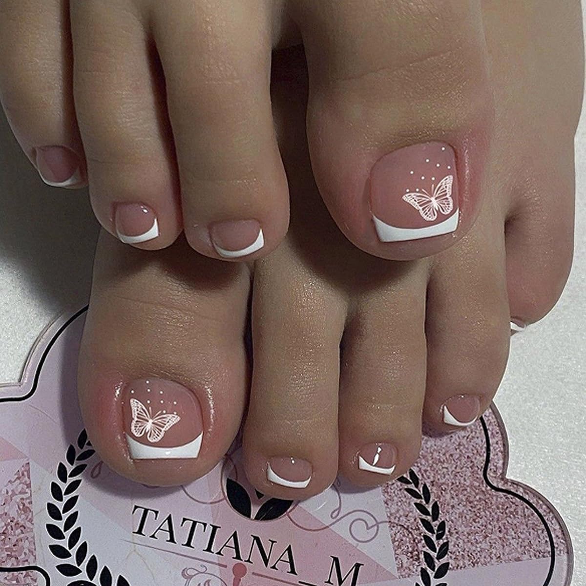 24 Pcs Pink Press On Toenails for Women,YEFIUO Acrylic Fake Toe Nails Press ons Nail Art Cute Butterfly White French Glossy Design Full Cover False