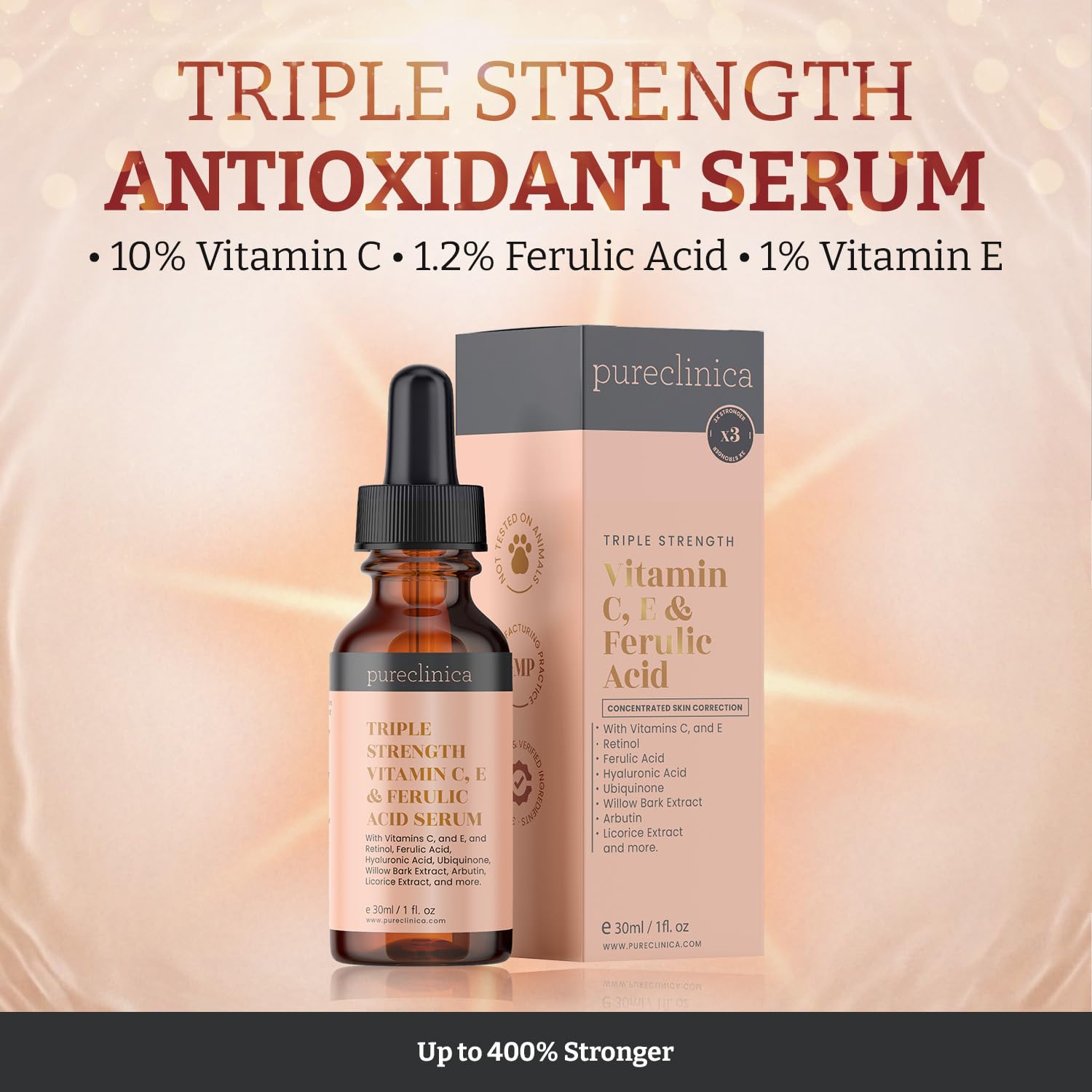 4 butelki potrójnie silnej witaminy C, E i kwas ferulowy serum (z retinolem i podwójnym kwasem hialuronowym) - 30 ml - pureclinica - SKU: VCEFASER30x4