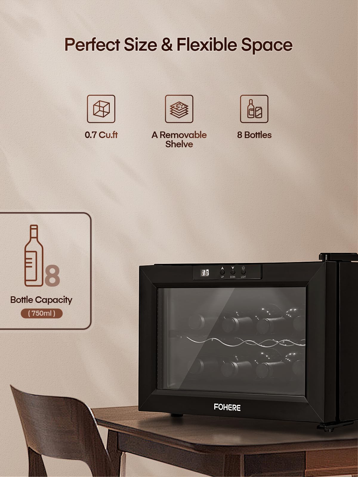 FOHERE Lodówka na 8 butelek, 22 litry, stołowa lodówka na wino ze szklanymi drzwiami, LED + cyfrowy wyświetlacz, lodówka na napoje, 8-18 °C, pojedyncza strefa