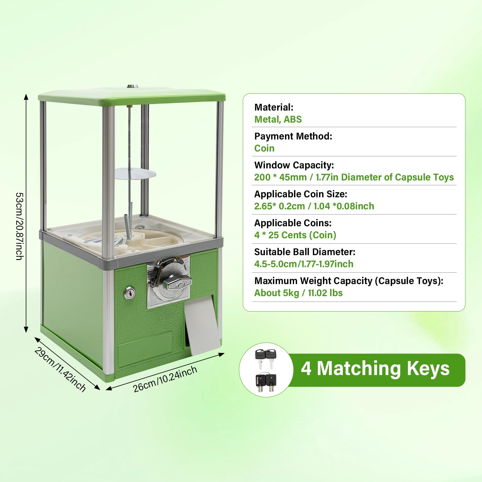Liffshsy Big Commercial Capsule Vending Machine, 4 25 Cent Coins Per Side Operated Gumball Bank Machine, Gumball Dispenser Machine for Toy Capsules Bouncy Balls Candy, Multicolor (Green)